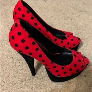Courdroy red & black polka dot heels